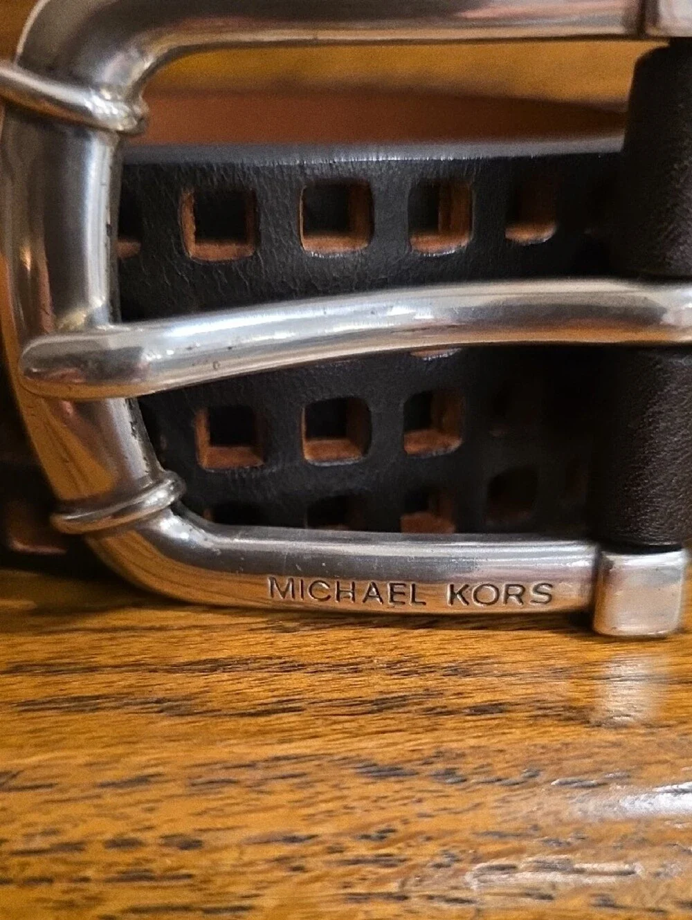 Michael Kors Black and Brown Perforated Leather Belt with Silver Buckle